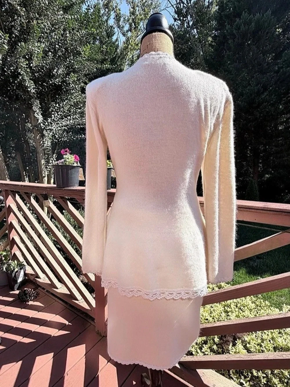 Vintage 90 Ivory Angora Knit Peplum Skirt & Sweater Set Floral Beaded Lace M
